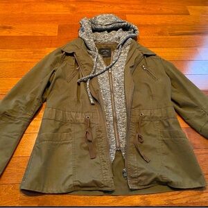 Olive Green Women's Jacket with Gray Hood Size Medium